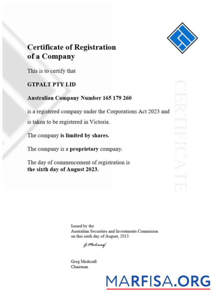 Blank Australia GTPALT certificate of company registration word and PDF template